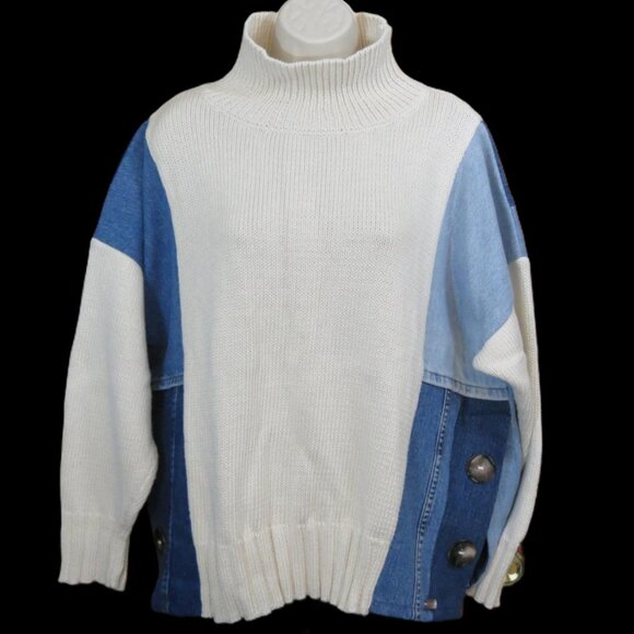Shannon Passero Ivory & Blue Denim Pullover Sweater 100% Cotton Large - Picture 1 of 13